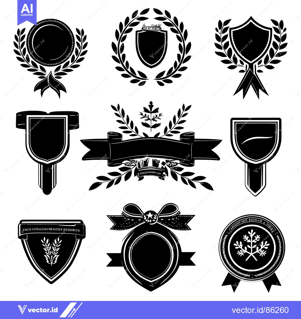 Premium Vector dari Set of Black and White Laurel Wreath Shields and Badges