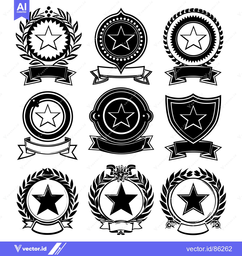 Premium Vector of Collection of Black and White Star Badges with Ribbons and Wreaths