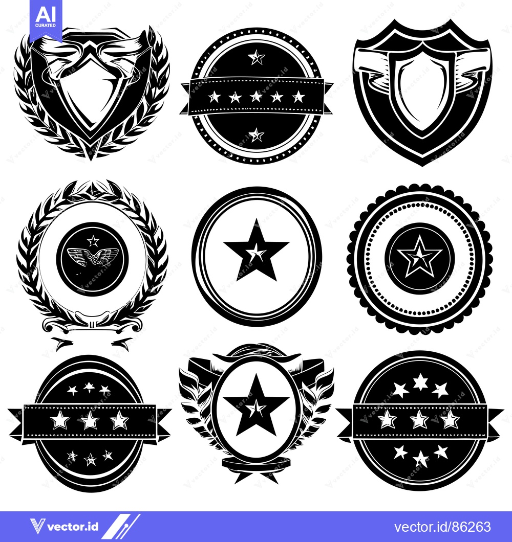 Premium Vector dari Set of Nine Black and White Star-Themed Badges and Shields