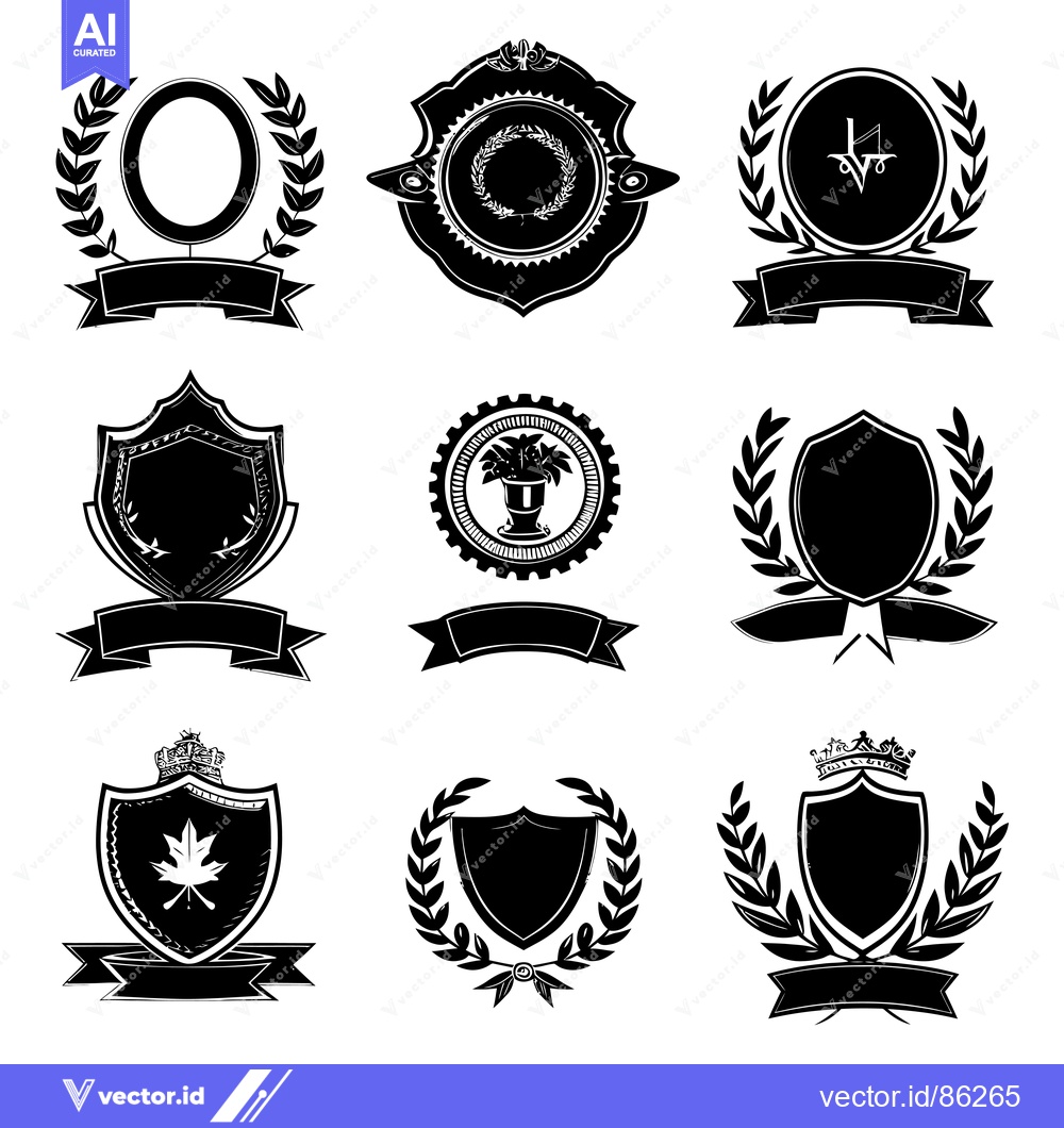 Premium Vector dari A Collection of Nine Black and White Heraldic Shields, Laurels, and Ri