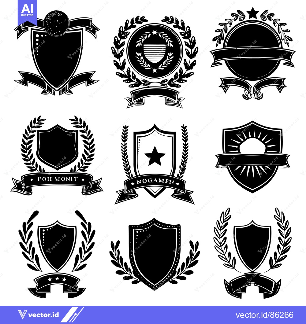 Premium Vector of Nine Black and White Shield and Laurel Wreath Emblems