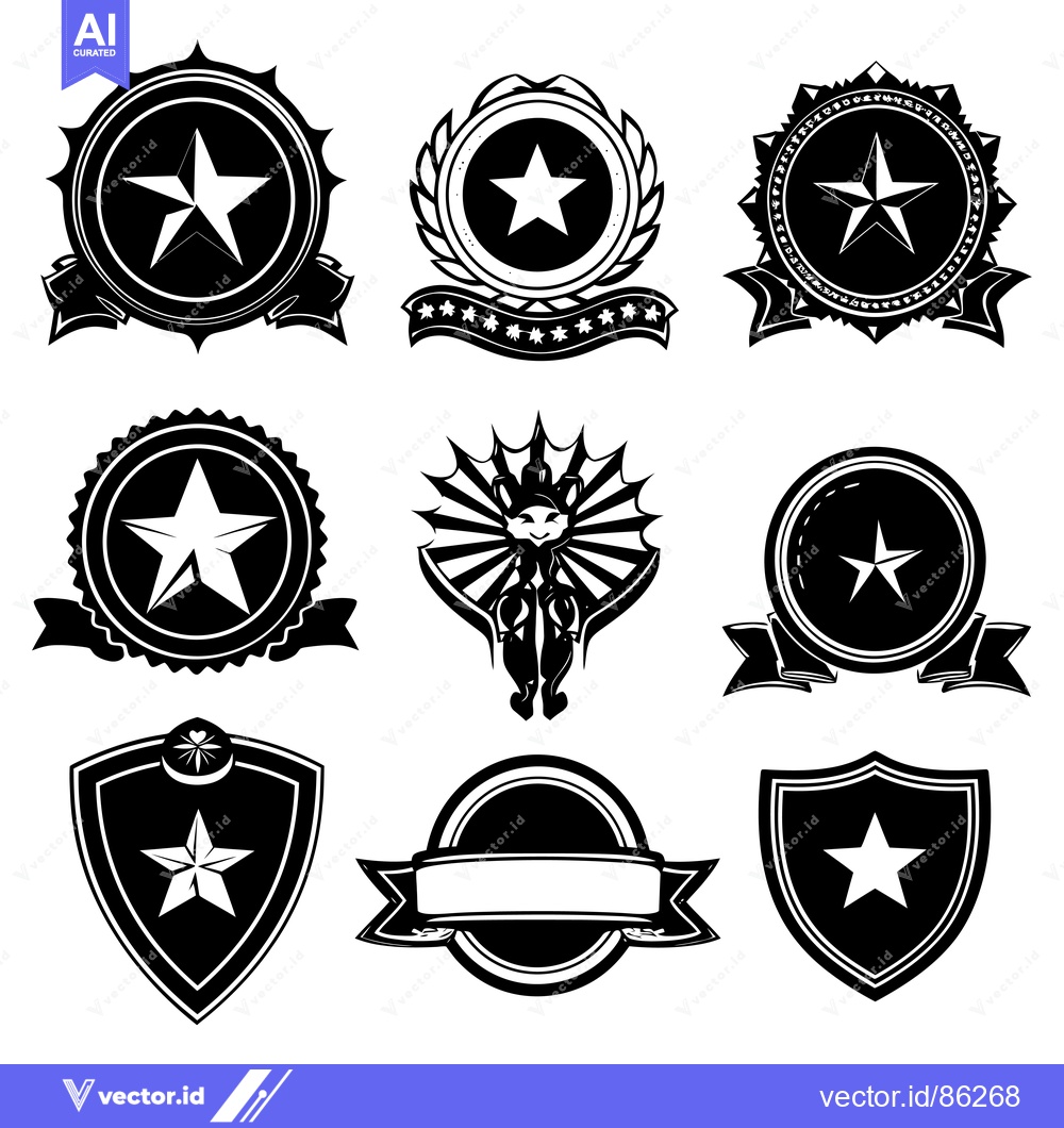 Premium Vector dari Collection of Black and White Star-Shaped Emblems with Ribbons and Dec