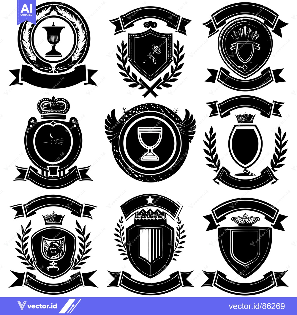 Premium Vector of Nine Black and White Heraldic Shields with Banners and Emblems