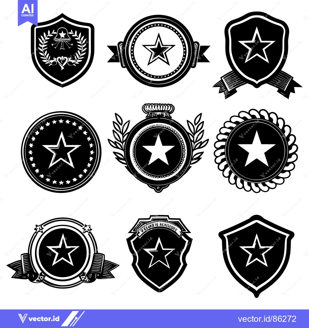 Premium Vector of Collection of Black and White Star-Shaped Badges with Decorative Eleme