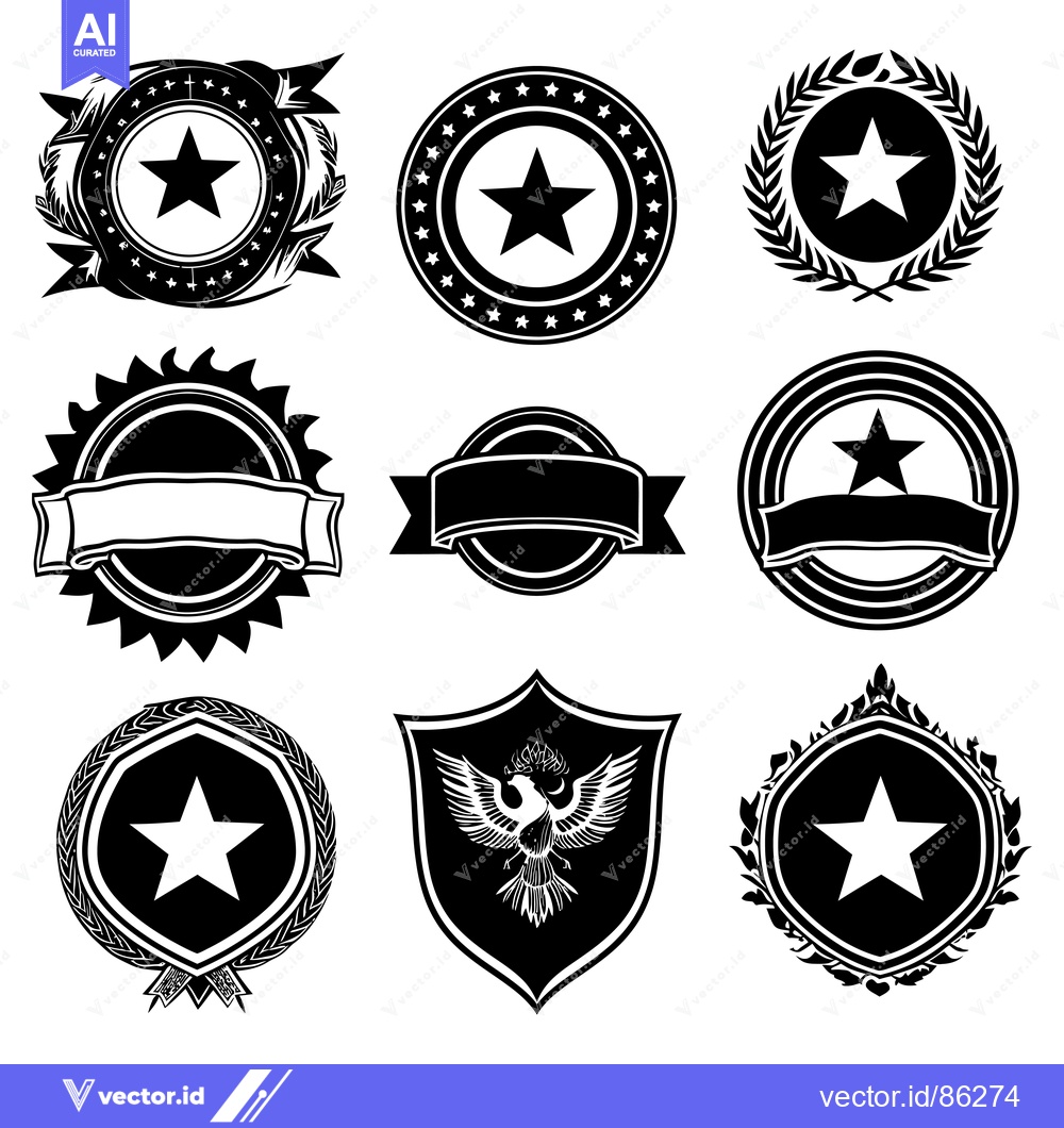 Premium Vector dari Collection of Black and White Star-Themed Emblems with Various Borders