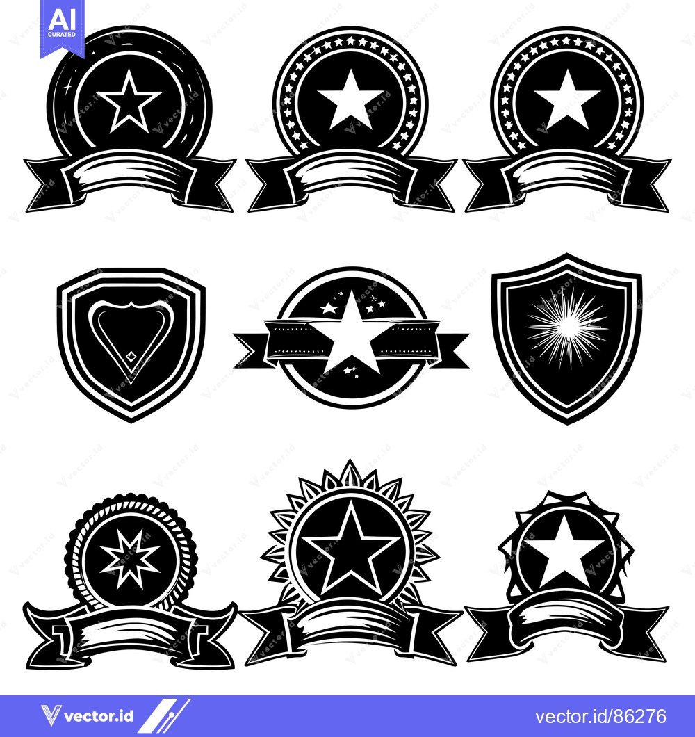 Premium Vector of A Collection of Black and White Star-Themed Badges with Ribbons and Sh