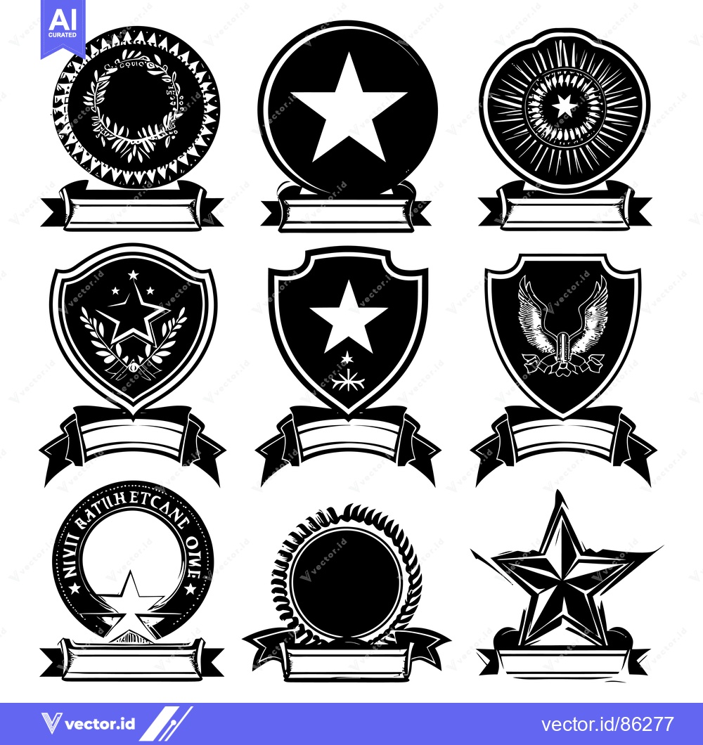 Premium Vector dari Collection of Black and White Star-Themed Insignias with Blank Banners
