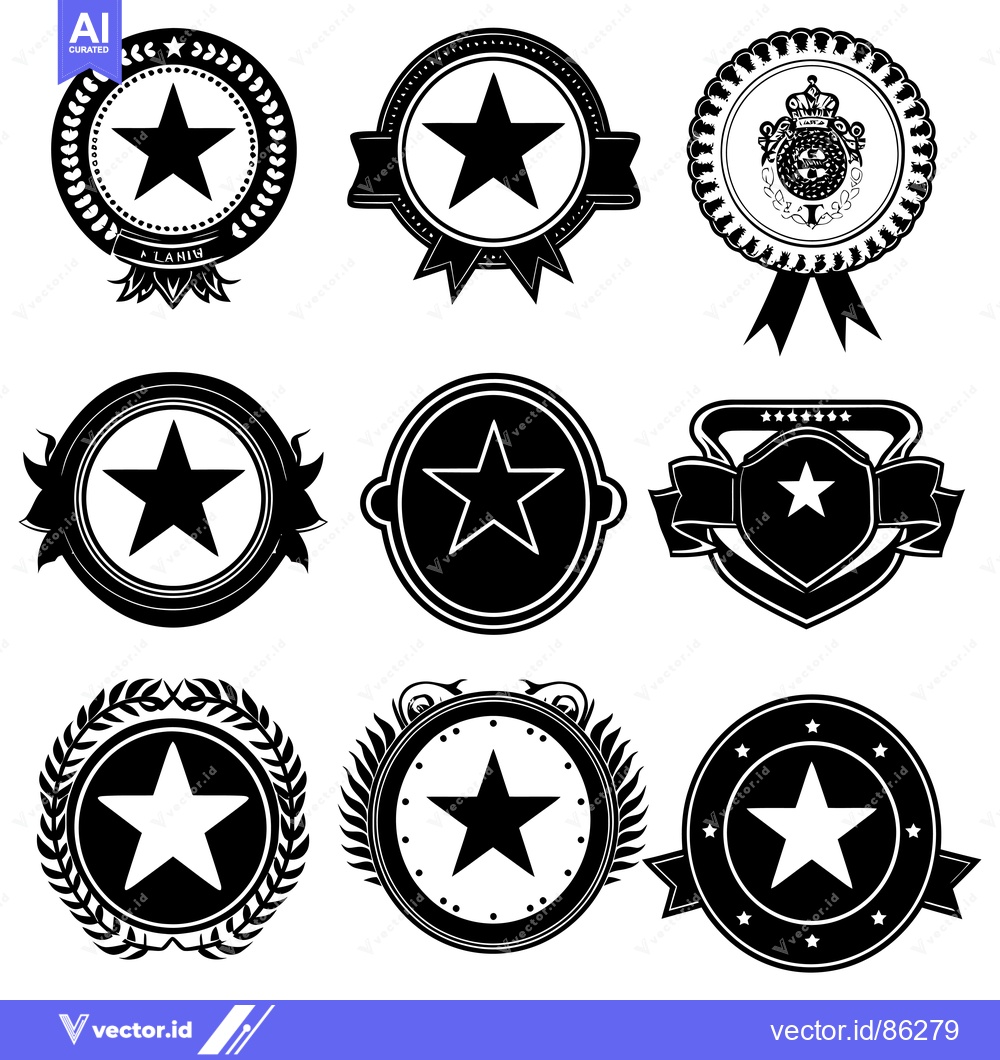 Premium Vector of Collection of Black and White Star-Shaped Badges with Various Designs