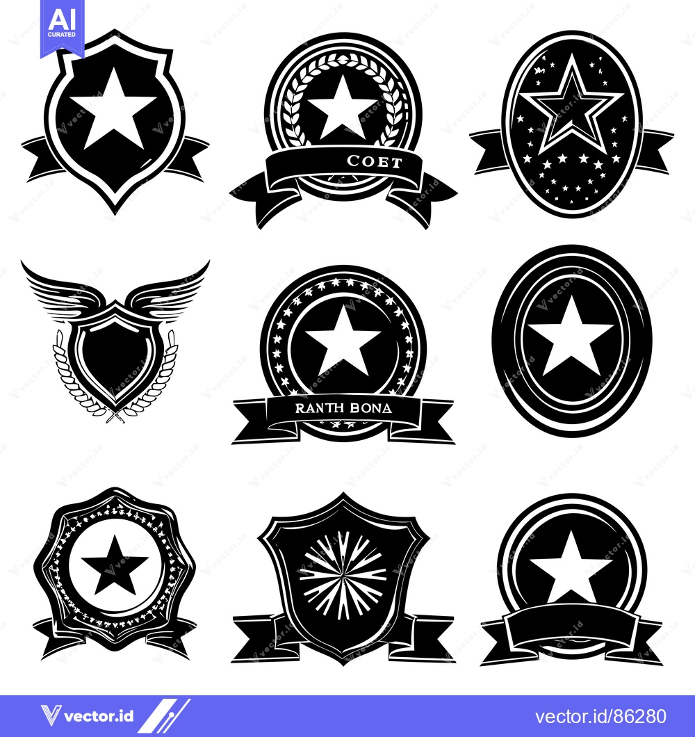 Premium Vector of Collection of Black and White Star-Shaped Badges with Ribbons