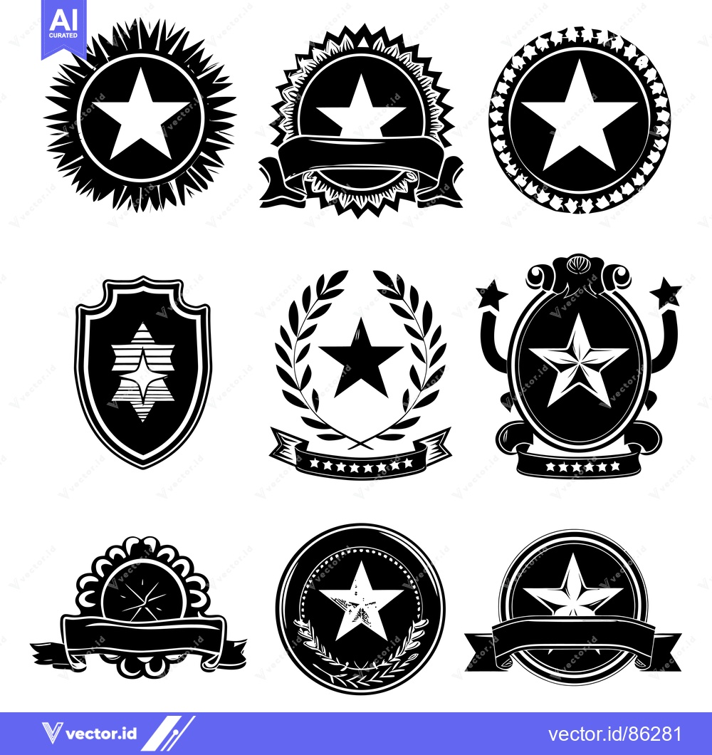 Premium Vector of Nine Black and White Star-Shaped Emblems with Various Designs