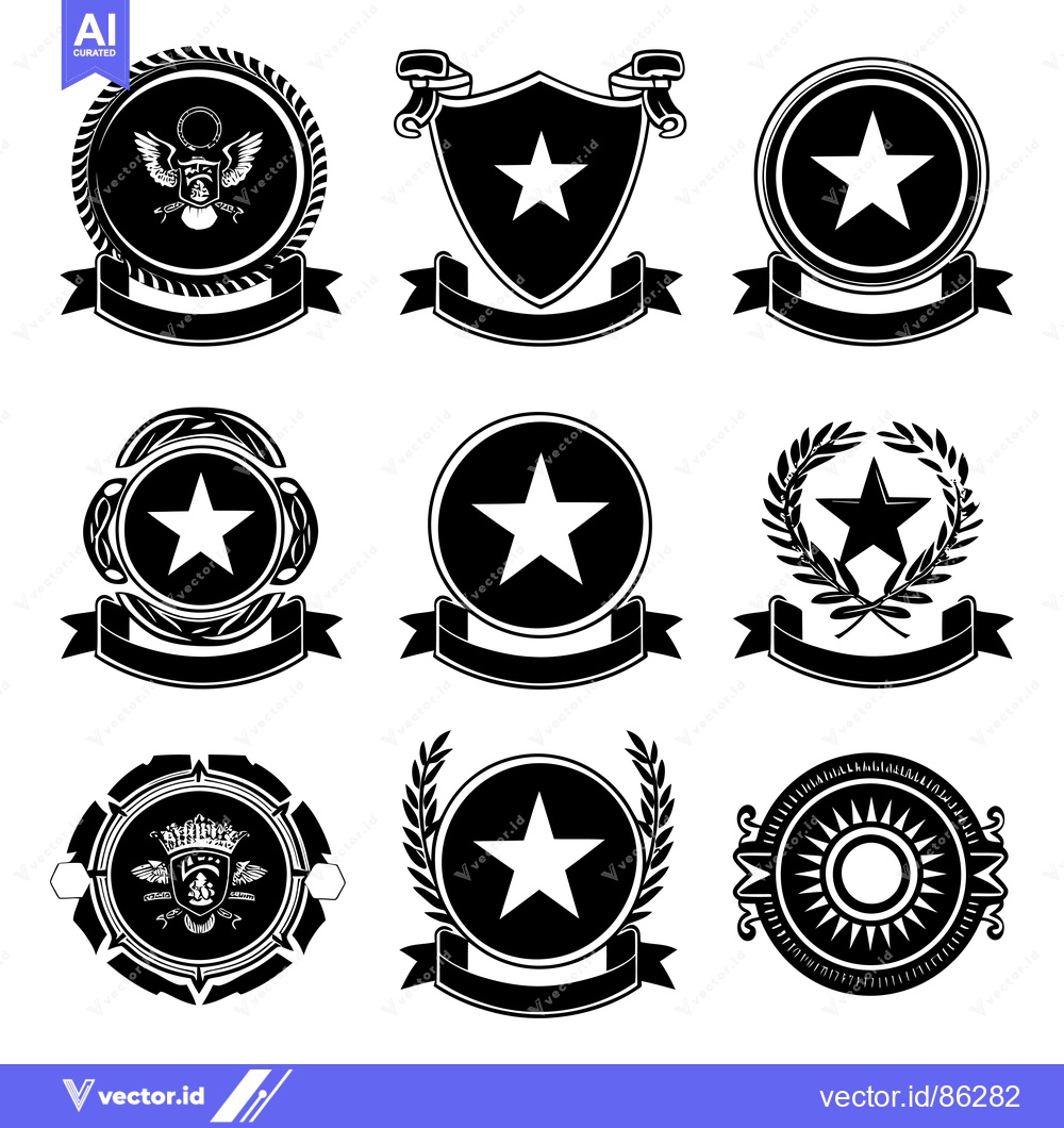 Premium Vector of Nine Black and White Heraldic Emblems with Stars and Ribbons