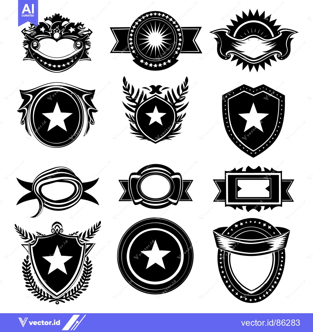 Premium Vector dari Collection of Black and White Star-Themed Heraldic Emblems