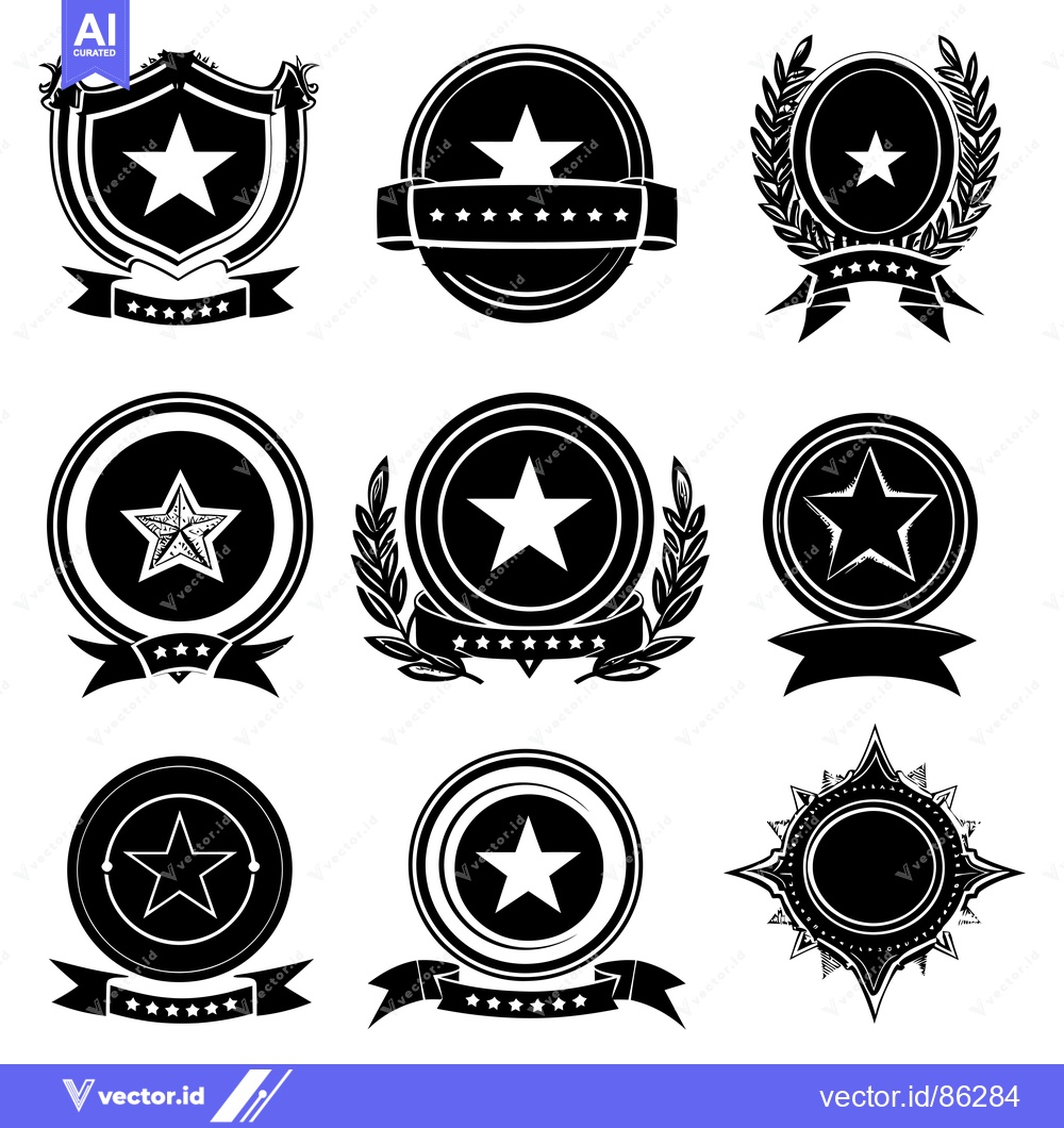 Premium Vector of Collection of Black and White Star-Shaped Badges with Ribbons