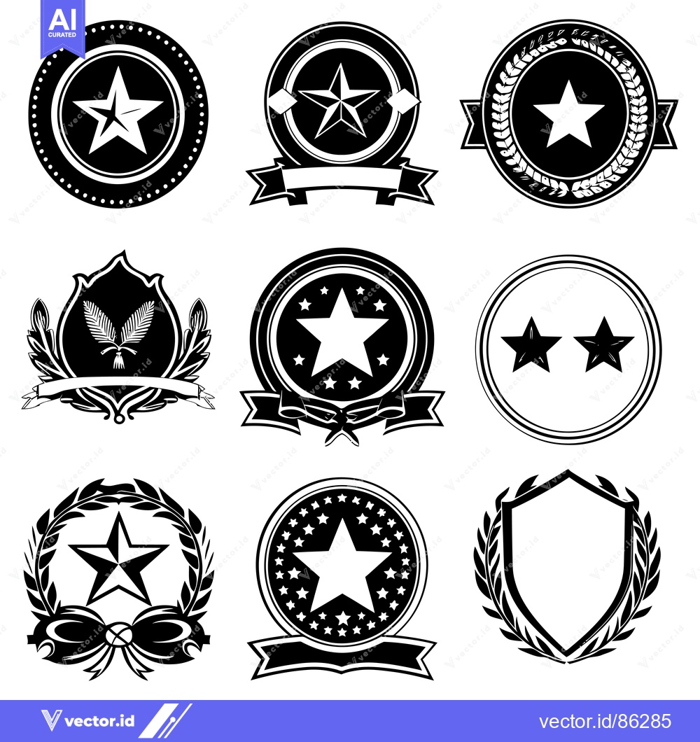 Premium Vector dari Nine Black and White Star-Themed Badges with Laurel Wreaths and Ribbon