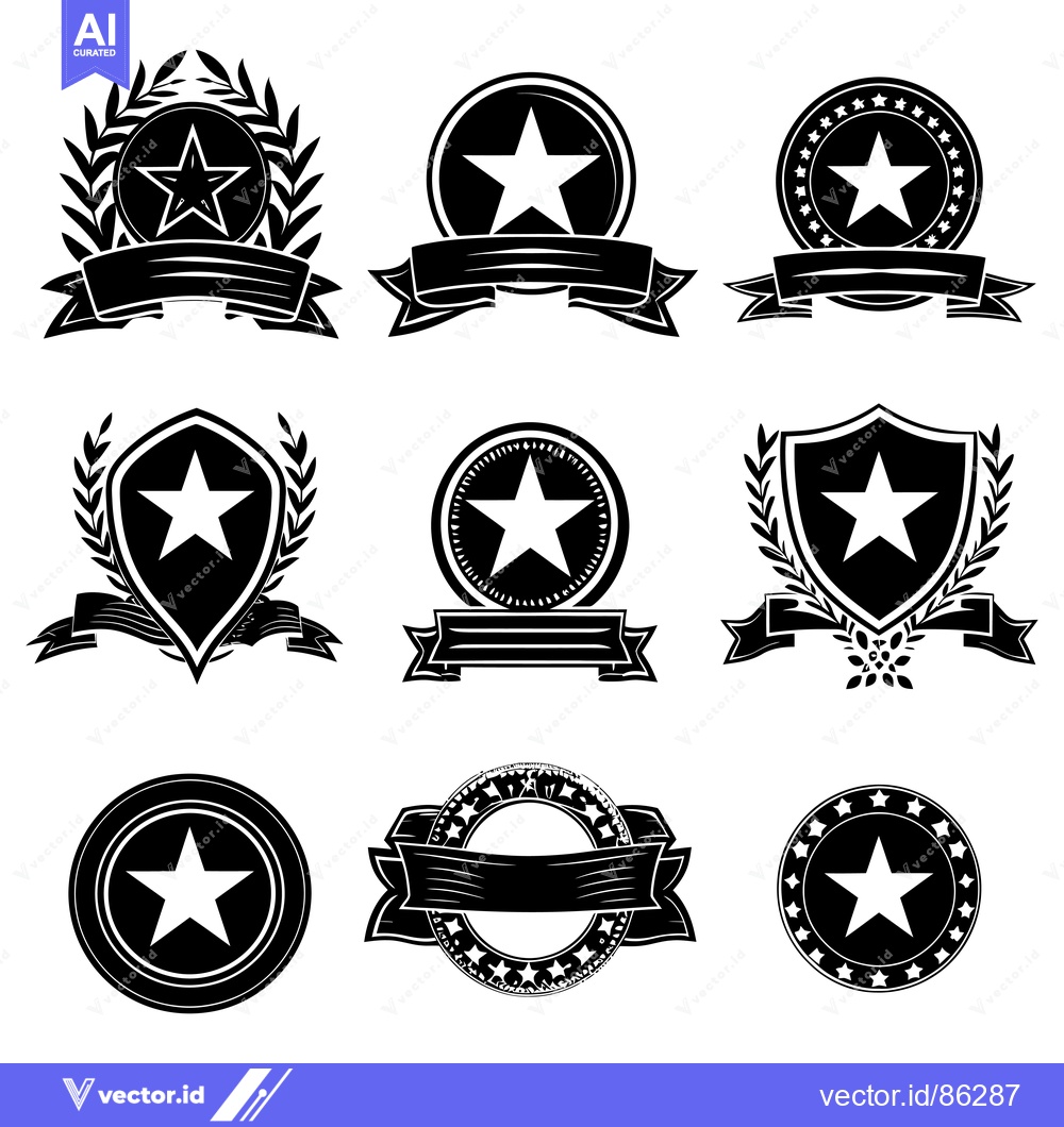 Premium Vector dari Collection of Black and White Star-Shaped Emblems with Ribbons and Lau