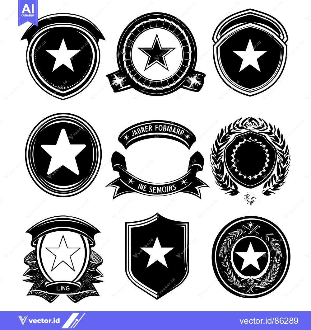 Premium Vector of Nine Black and White Star-Shaped Emblems with Decorative Elements