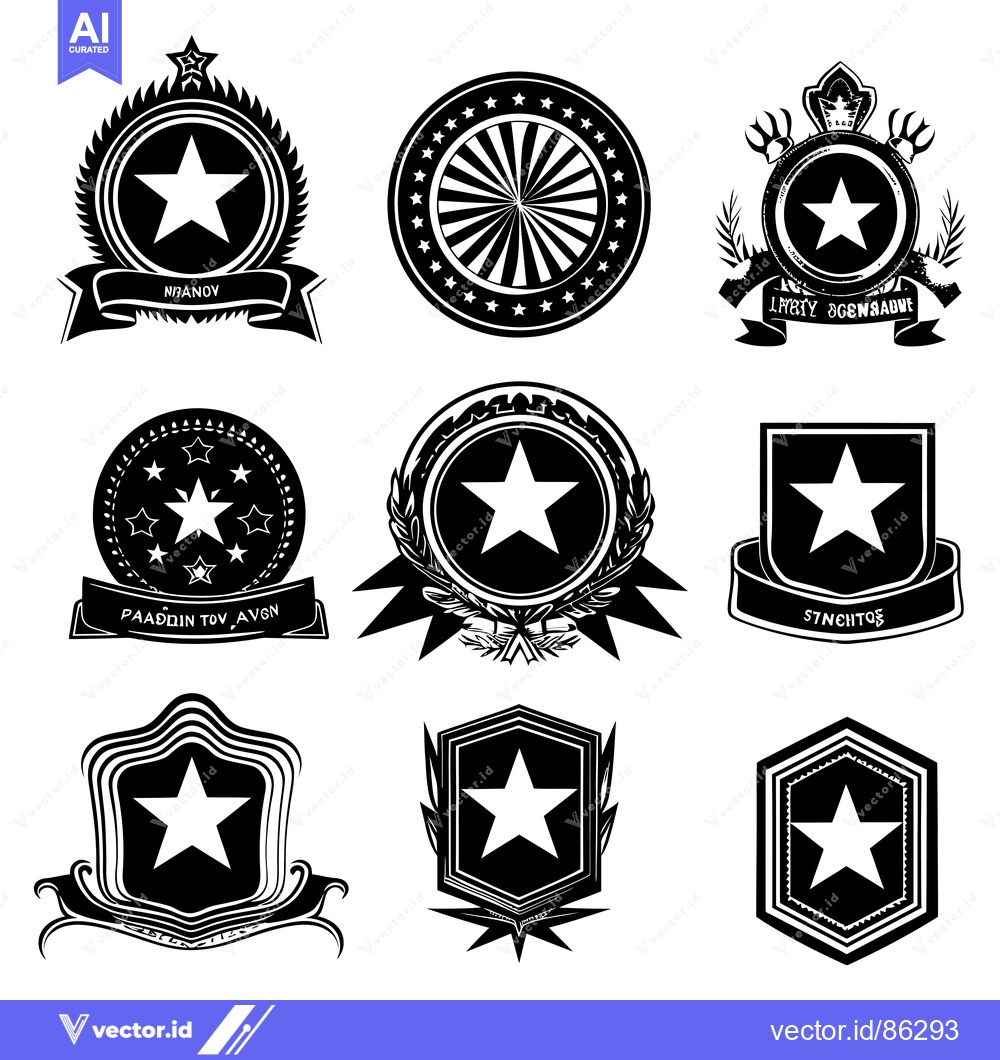 Premium Vector of Nine Black and White Star-Shaped Emblems with Decorative Elements