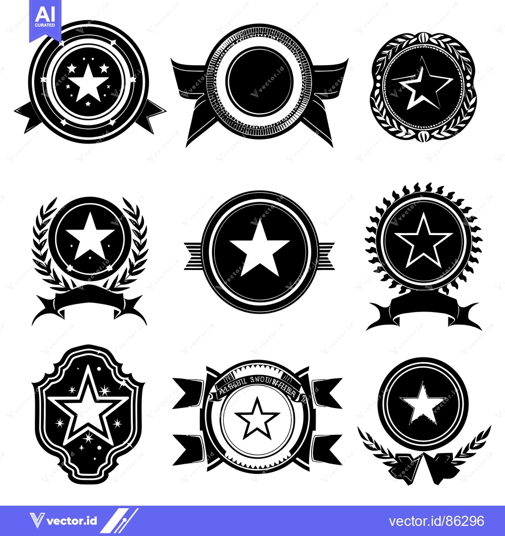 Premium Vector dari Nine Black and White Star-Shaped Emblems with Decorative Frames