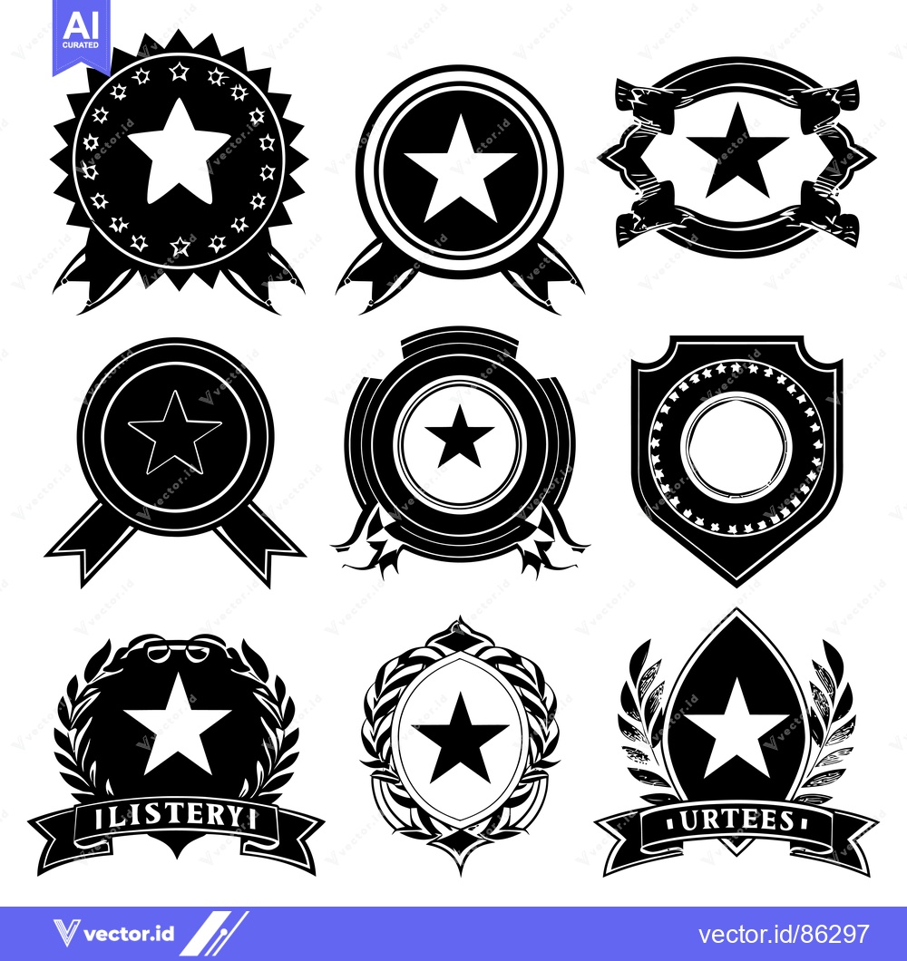 Premium Vector of Black and White Star-Shaped Badges with Different Frames and Ribbons