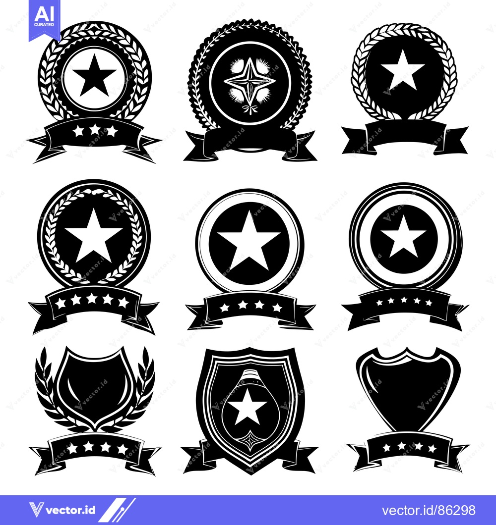 Premium Vector of Nine Black and White Star-Shaped Badges with Laurels and Ribbons