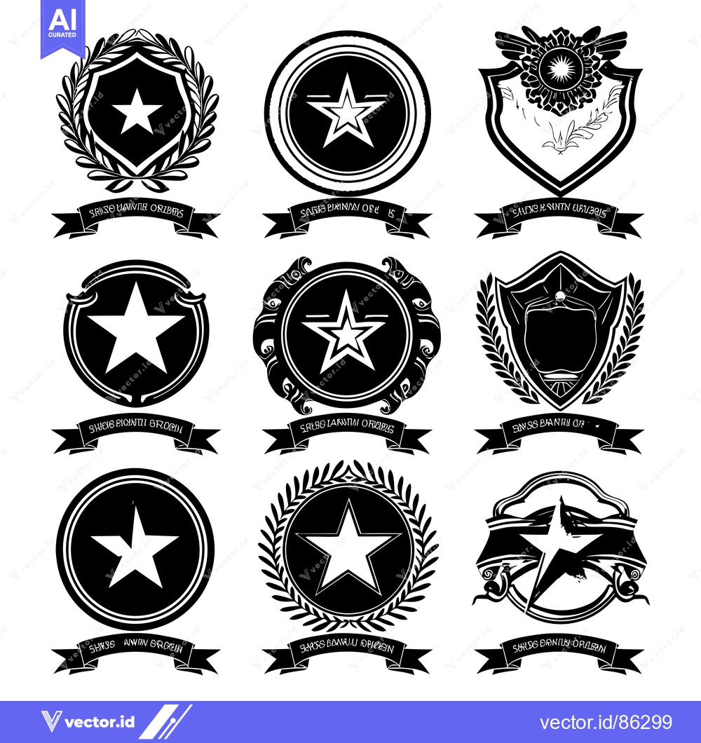 Premium Vector of Nine Black and White Star-Shaped Heraldic Emblems with Ribbons