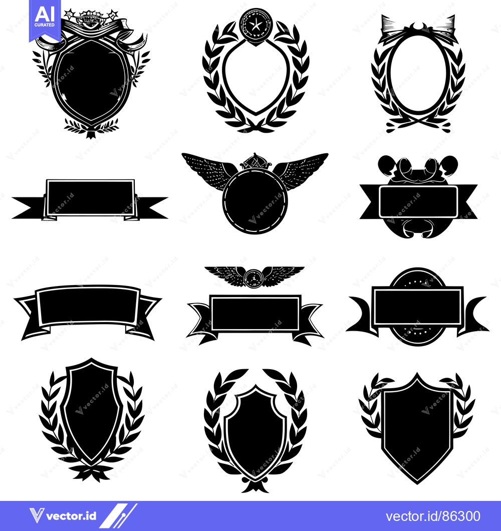 Premium Vector dari Collection of Blank Black and White Heraldic Shields, Ribbons, and Lau