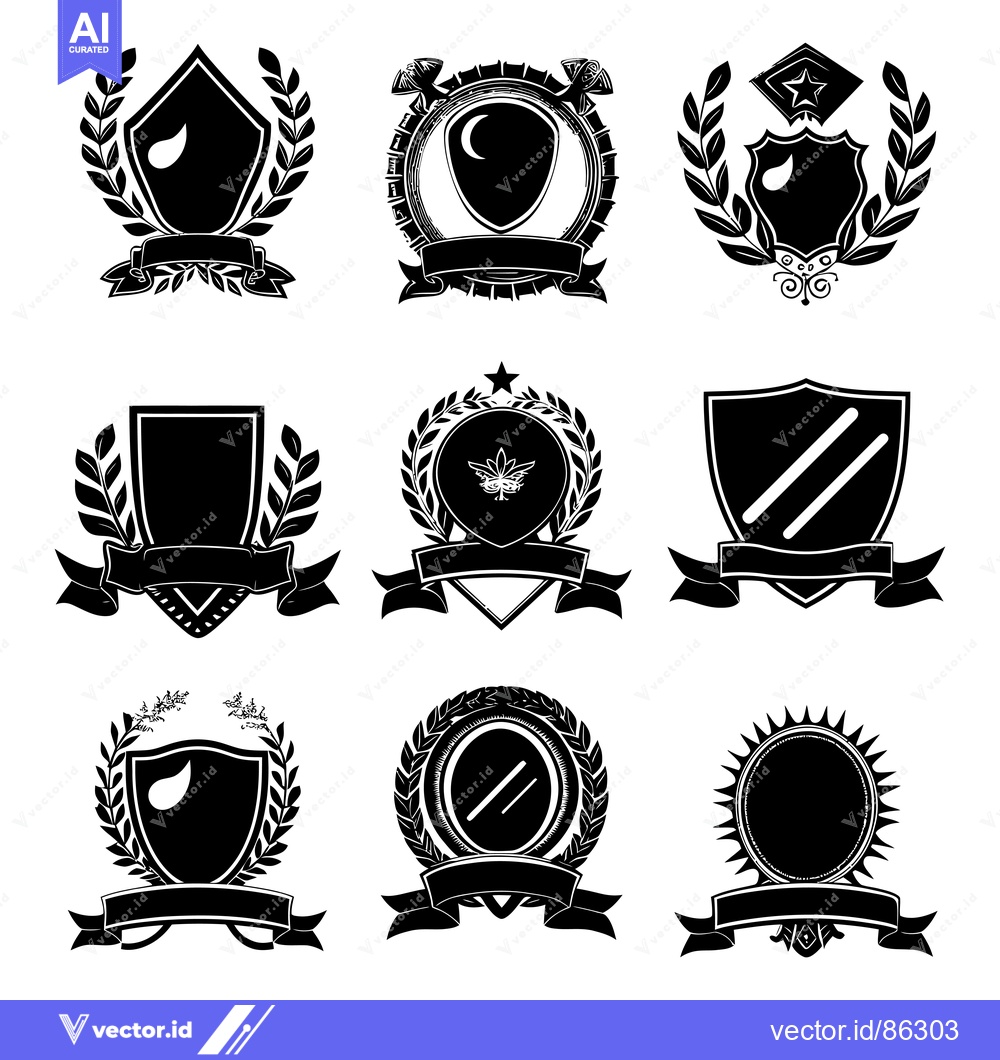 Premium Vector of Collection of Black and White Heraldic Shields with Laurels and Ribbon
