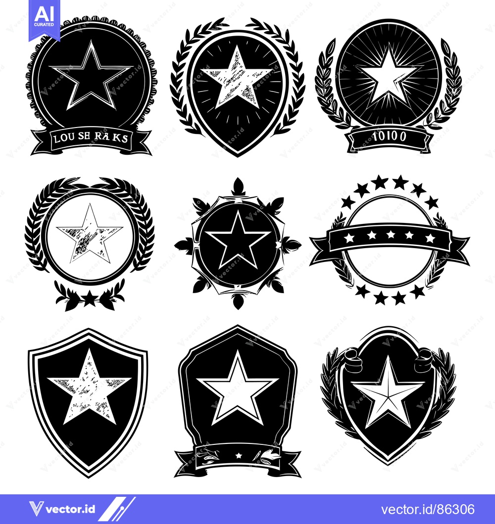 Premium Vector dari Collection of Black and White Star Emblems with Laurel Wreaths and Rib