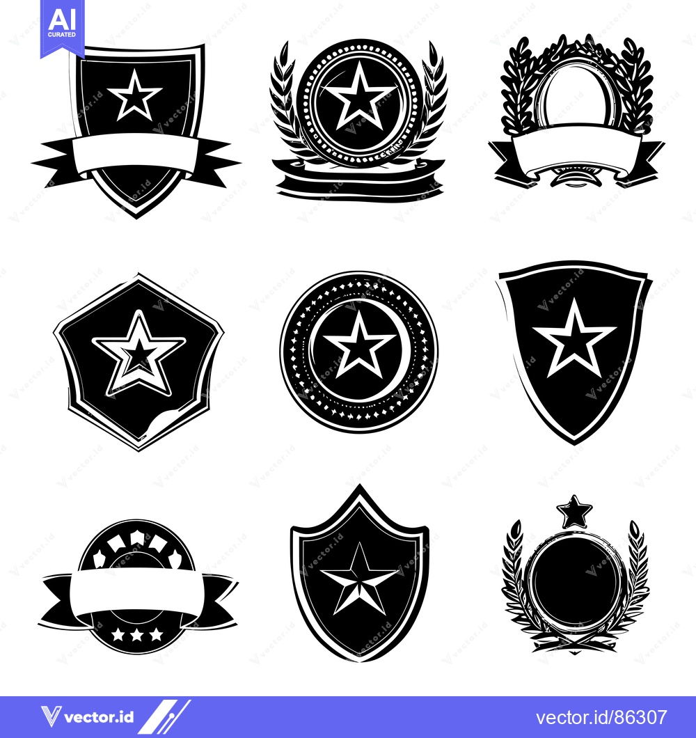Premium Vector dari Collection of Black and White Star-Themed Heraldic Emblems