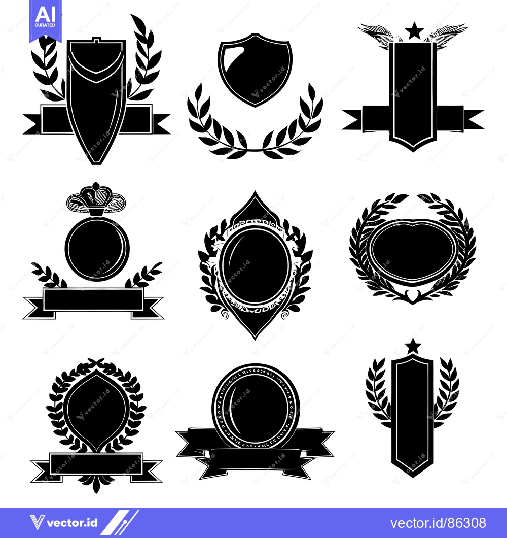 Premium Vector of Collection of Black and White Laurel Wreath and Shield Emblems