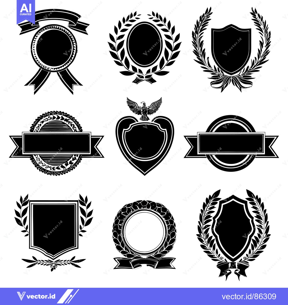 Premium Vector of Nine Black and White Blank Heraldic Crests with Laurel Wreaths and Rib