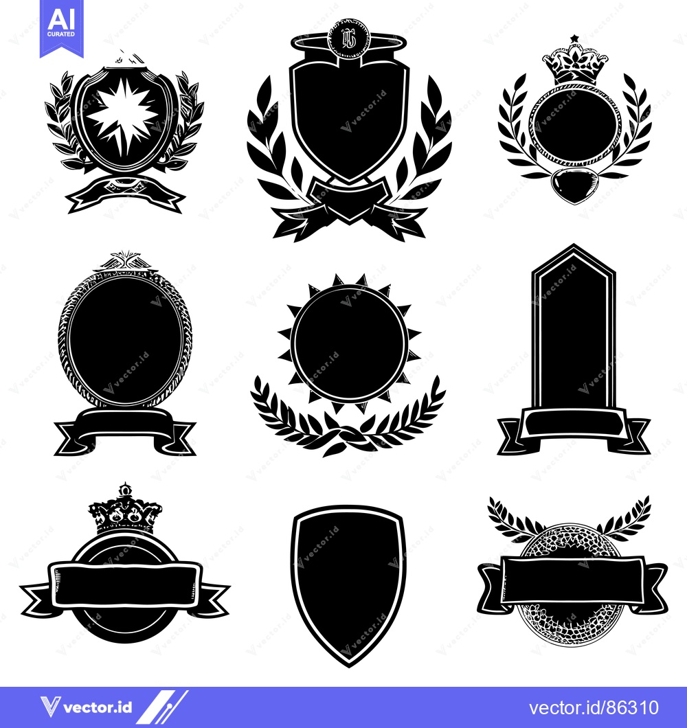 Premium Vector dari Collection of Blank Black and White Heraldic Shield, Crown and Wreath