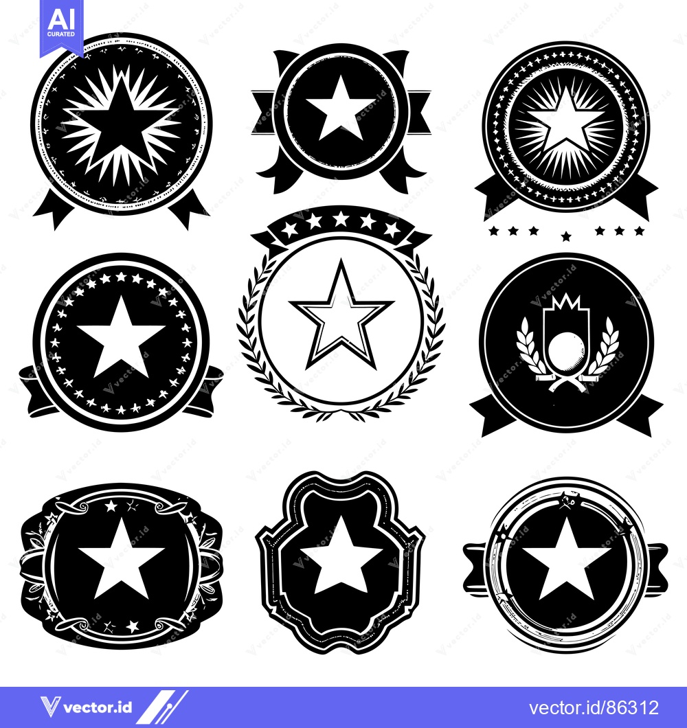 Premium Vector of Nine Black and White Star-Themed Badges with Various Designs