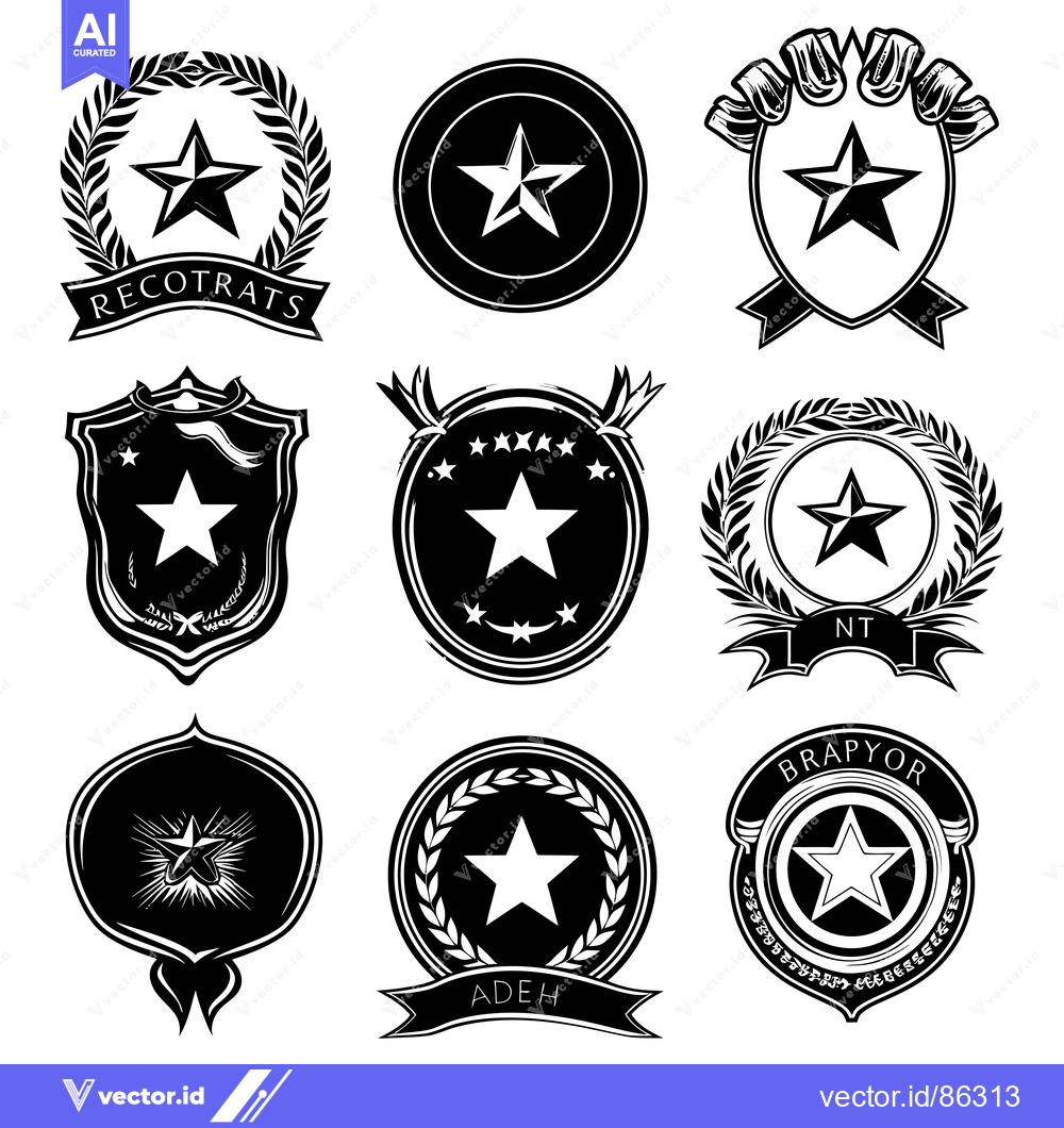 Premium Vector of Nine Black and White Star-Shaped Badges with Different Borders and Des