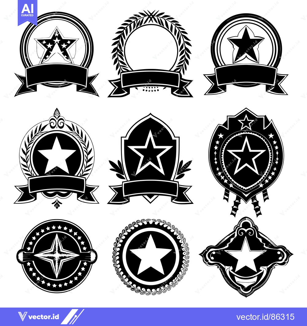 Premium Vector of Collection of Black and White Star-Shaped Badges with Ribbons and Laur