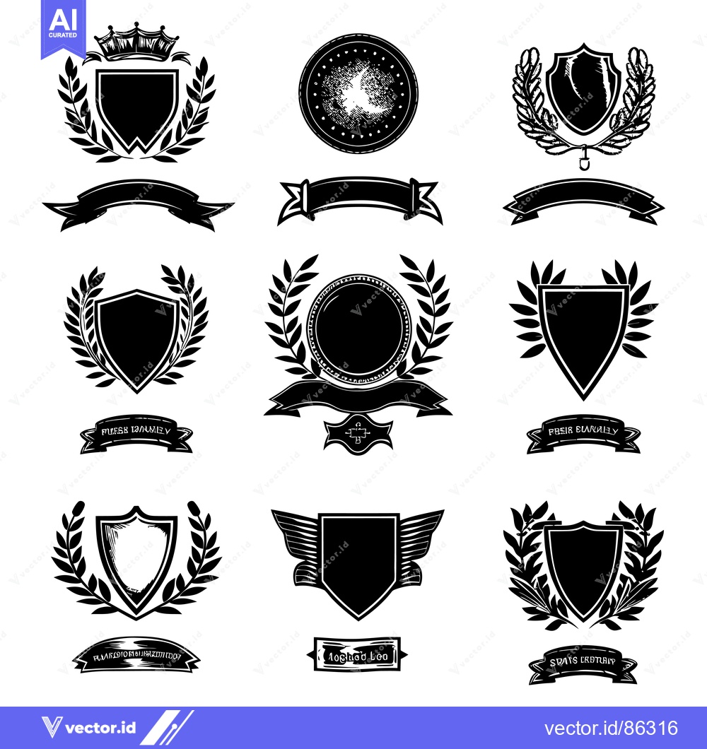 Premium Vector of Collection of Black and White Heraldic Shields with Crowns and Laurels