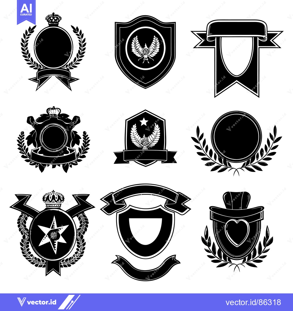 Premium Vector of A Set of Nine Black and White Heraldic Emblems with Crowns, Laurels, S