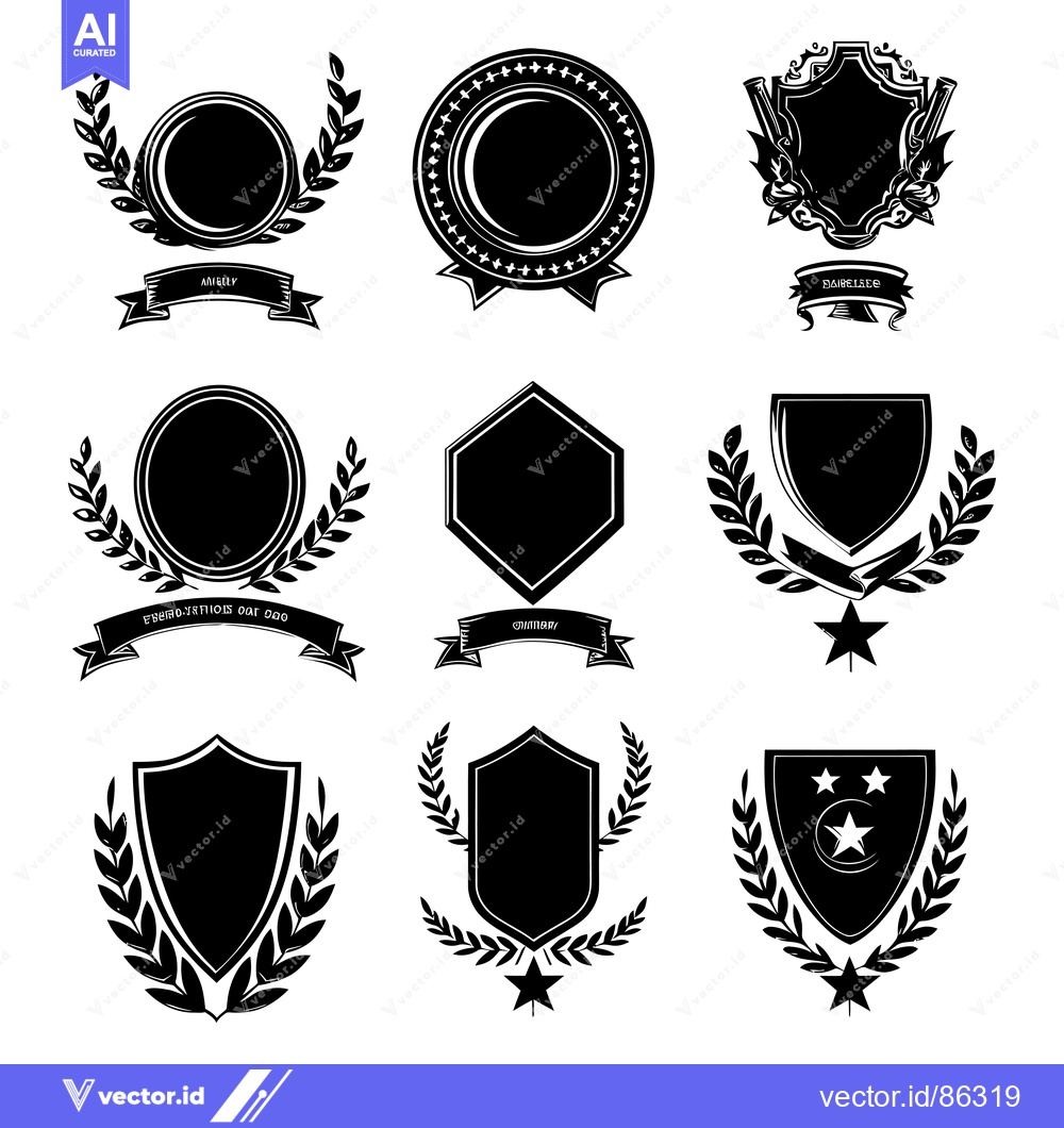 Premium Vector of Set of nine black and white heraldic emblems with shields, wreaths, an