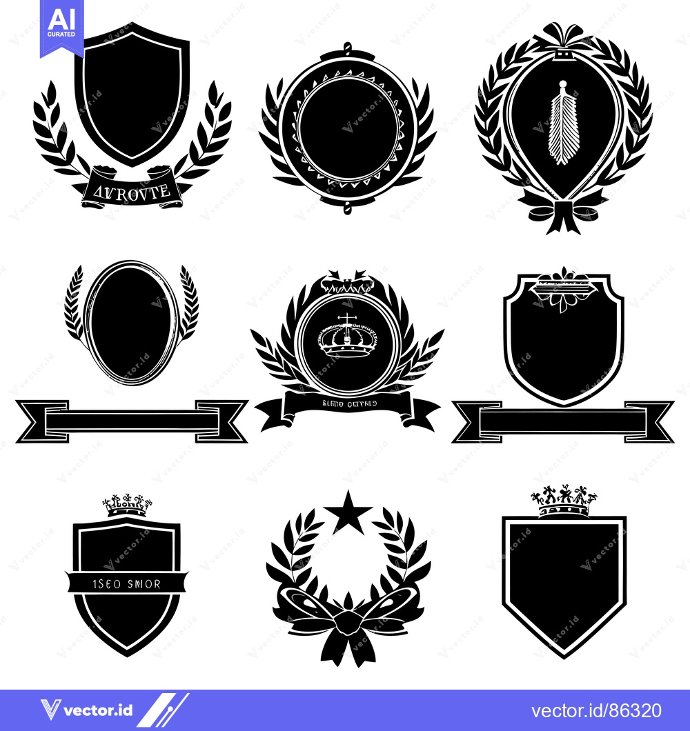 Premium Vector dari Collection of Blank Black and White Heraldic Shields, Wreaths, and Ban