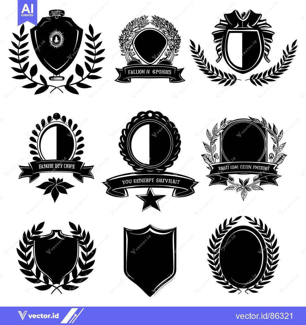 Premium Vector dari Collection of Black and White Shields with Laurels and Ribbons