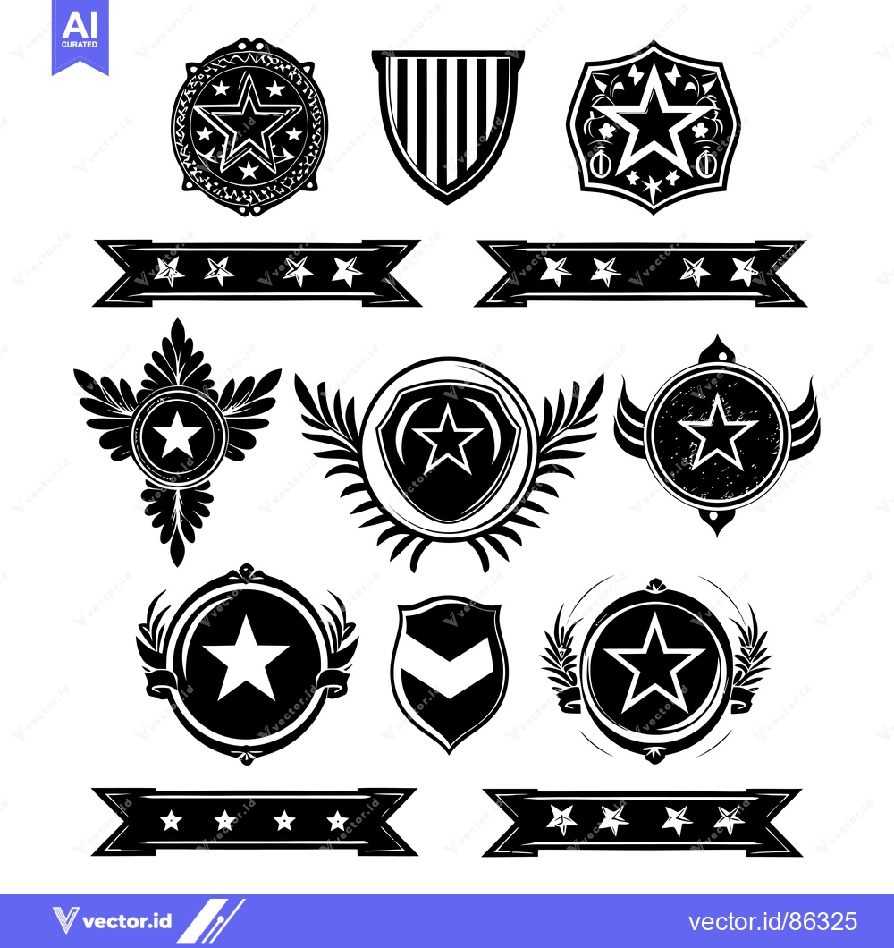 Premium Vector dari Collection of Black and White Star-Shaped Badges and Ribbons
