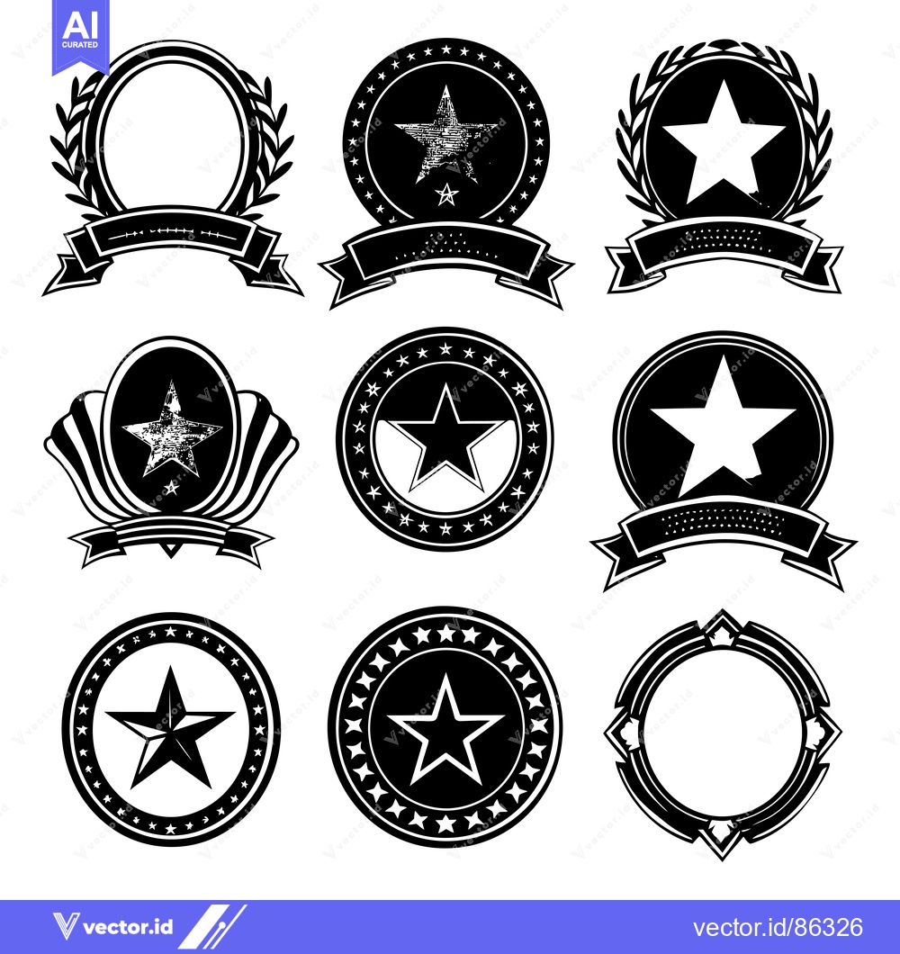 Premium Vector dari Nine Black and White Star-Shaped Emblems with Ribbons