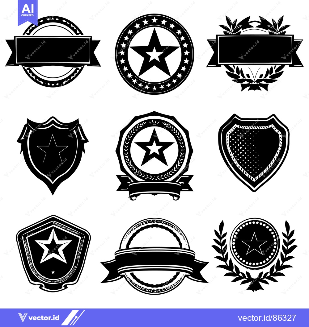 Premium Vector dari Nine Black and White Star-Themed Badges with Banners and Laurels