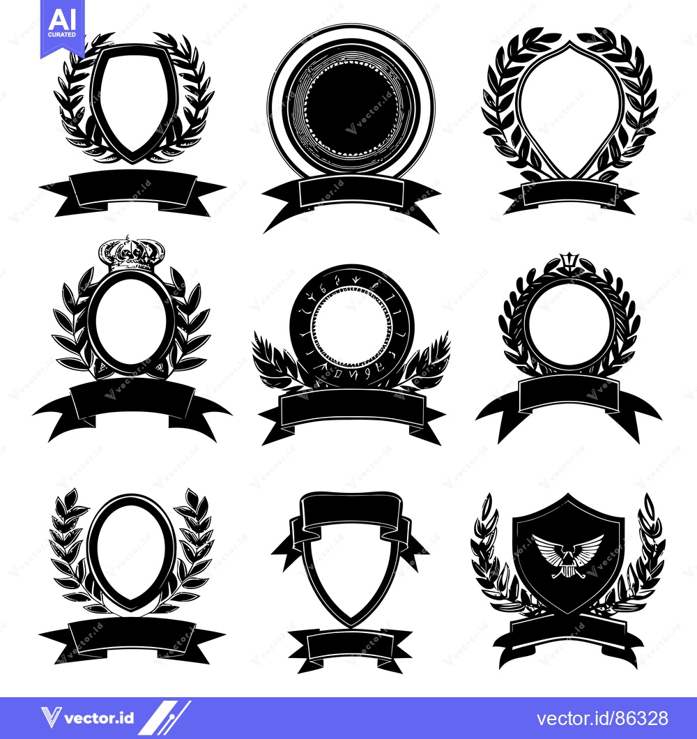 Premium Vector dari Set of Nine Black and White Laurel Wreath Frames with Banners