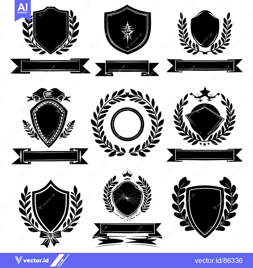 Premium Vector of Collection of Black and White Heraldic Shields with Laurels and Banner