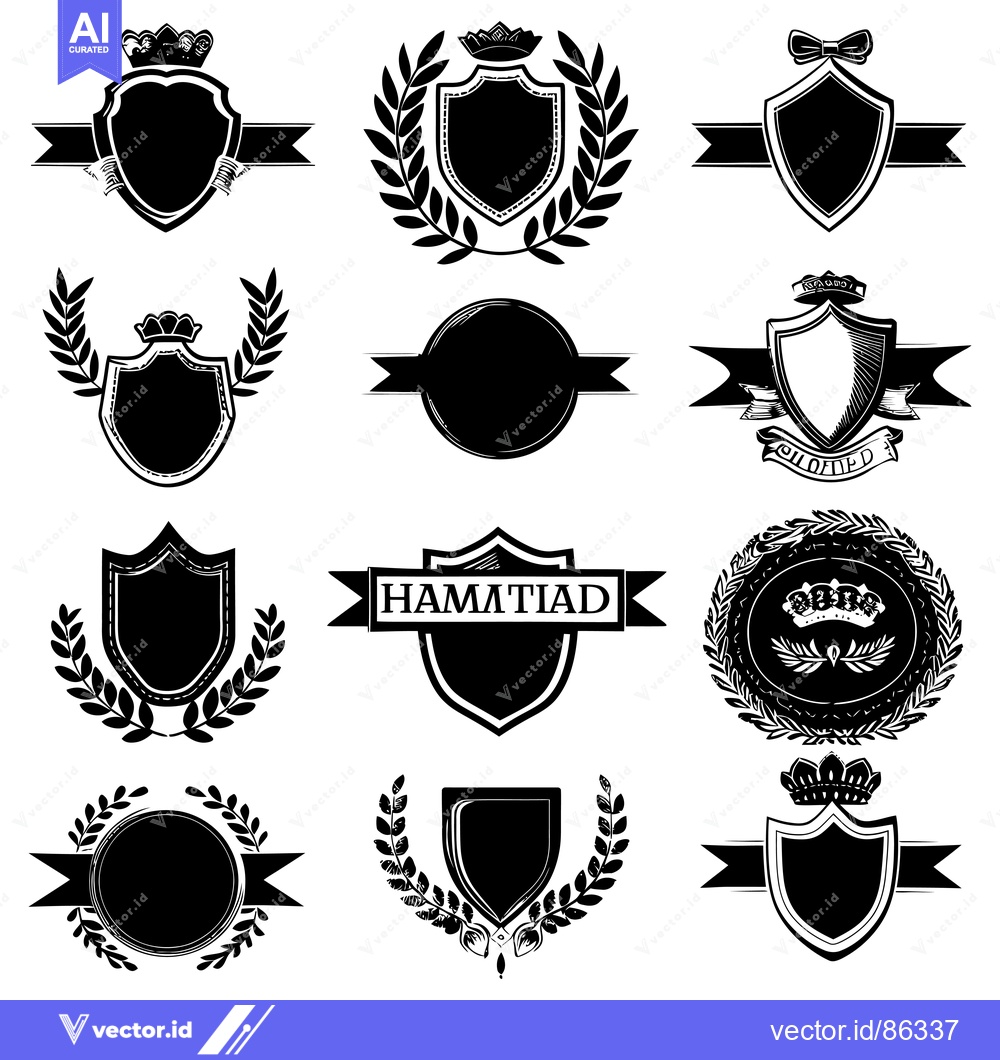 Premium Vector dari Collection of Black and White Heraldic Shields, Crowns, and Laurel Wre