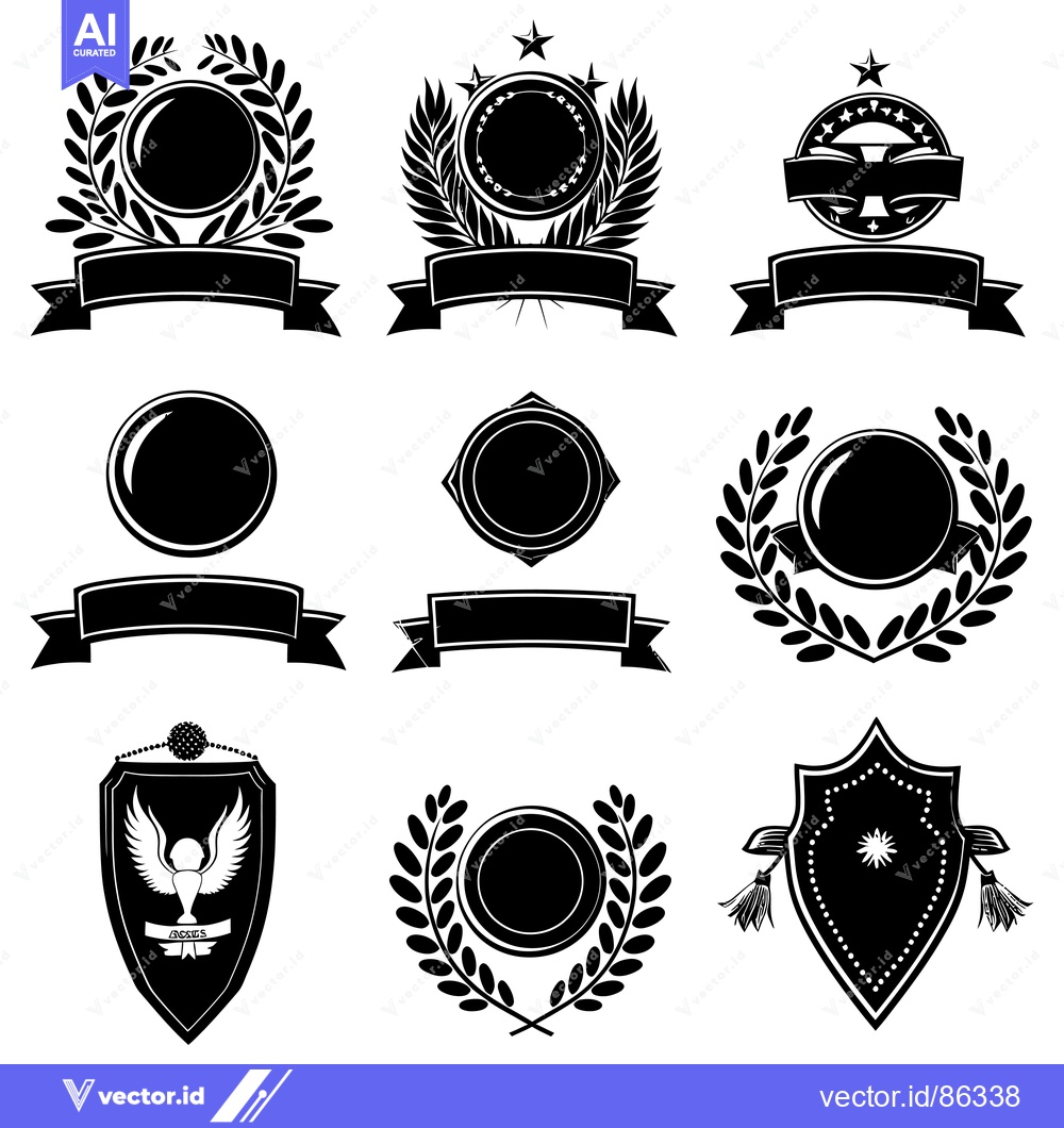 Premium Vector of Blank Black and White Award Badges and Shields with Ribbons and Laurel