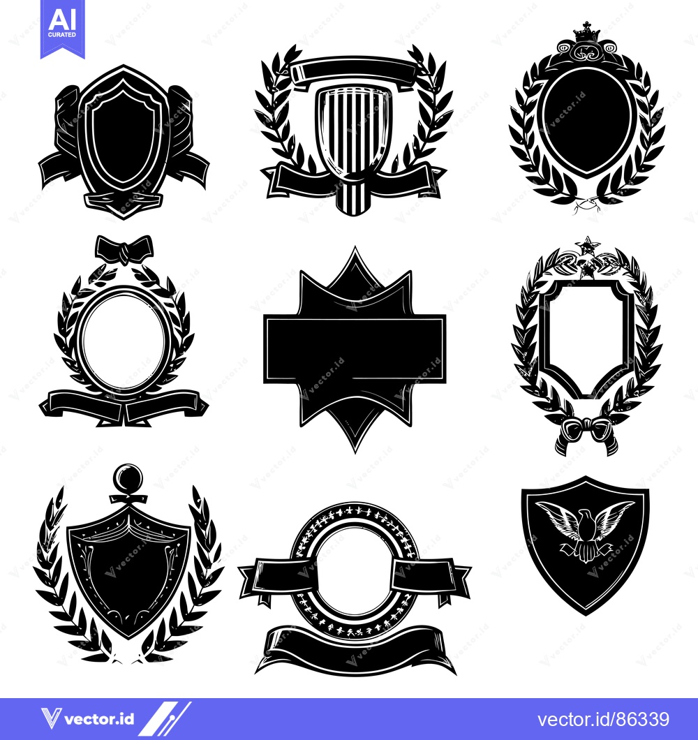 Premium Vector dari Collection of Nine Black and White Shield and Laurel Wreath Designs