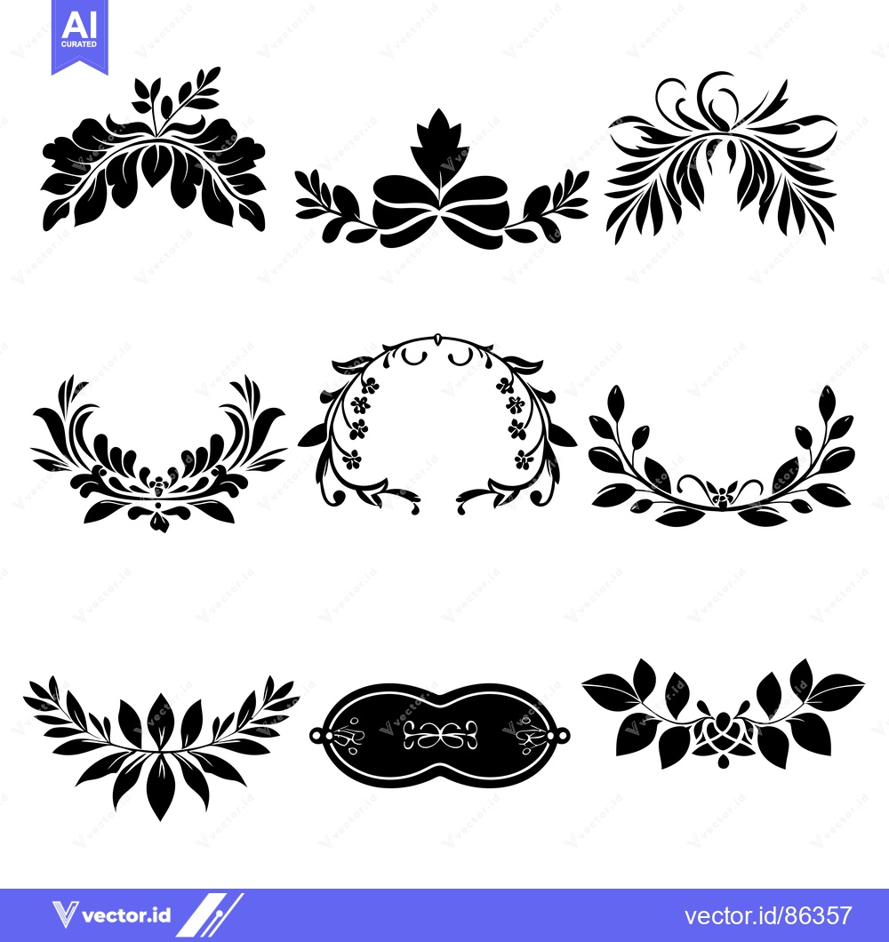 Premium Vector of Set of nine black and white floral decorative elements