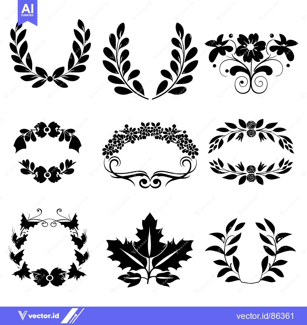Premium Vector dari Collection of Nine Black and White Floral and Leaf Silhouettes